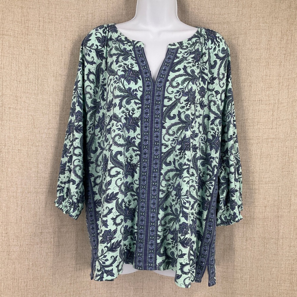 J. Jill‎ Tunic Top Women XL Petite Mint Green Paisley Bohemian Resort Breathable